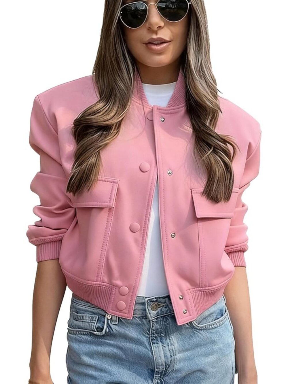 Women's Pink Polyester Band Collar Button Elastic Ribbed Cuffs Bomber Jacket
